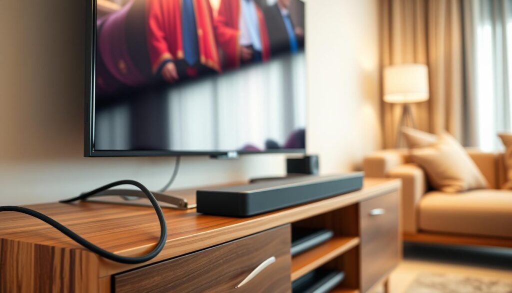 A close-up view of a modern living room featuring an HDMI cable connecting a sleek Samsung TV to a stylish soundbar placed on an elegant TV cabinet. The TV displays vibrant colors with a cinematic scene visible on the screen, showcasing the soundbar below. The cable is clearly visible, emphasizing the connection between the devices. The furniture is contemporary with warm wood tones and soft textures, enhancing the cozy atmosphere of the room. Soft, diffused lighting creates a warm ambiance, highlighting the high-tech elements. The perspective is slightly angled, giving depth to the composition. The overall mood conveys a sophisticated home entertainment setup, inviting viewers to appreciate the seamless integration of technology.