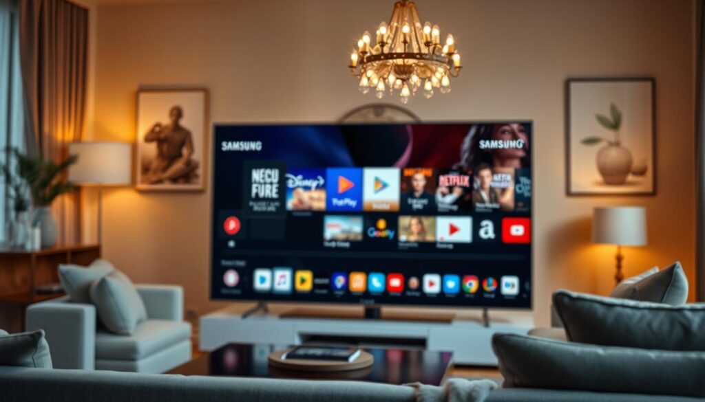 A high-resolution image of a Samsung OLED TV displaying the Tizen home screen filled with various streaming app icons such as Netflix, Disney+, and YouTube. In the foreground, the sleek, ultra-thin profile of the TV should be emphasized, showcasing its elegant design. The middle layer includes the vibrant, colorful app icons on the Tizen interface, arranged neatly on the screen to reflect a modern, user-friendly layout. In the background, a stylish living room setting with a cozy atmosphere, featuring warm lighting that highlights the TV's display. The overall mood should be inviting and sophisticated, capturing the essence of contemporary home entertainment technology. Use soft, ambient lighting to enhance the visual appeal of the OLED screen. A high-resolution image of a Samsung OLED TV displaying the Tizen home screen filled with various streaming app icons such as Netflix, Disney+, and YouTube. In the foreground, the sleek, ultra-thin profile of the TV should be emphasized, showcasing its elegant design. The middle layer includes the vibrant, colorful app icons on the Tizen interface, arranged neatly on the screen to reflect a modern, user-friendly layout. In the background, a stylish living room setting with a cozy atmosphere, featuring warm lighting that highlights the TV's display. The overall mood should be inviting and sophisticated, capturing the essence of contemporary home entertainment technology. Use soft, ambient lighting to enhance the visual appeal of the OLED screen.