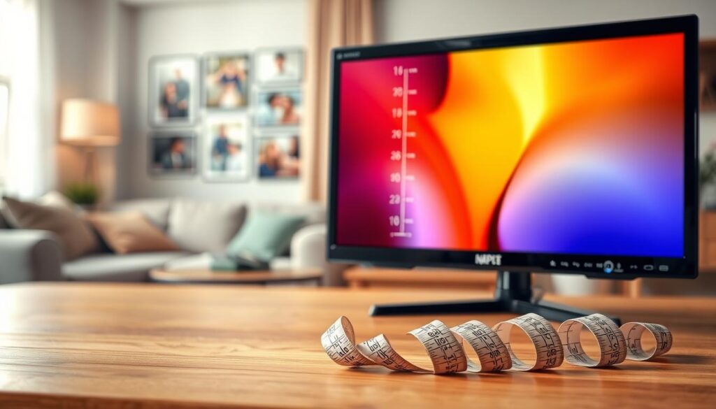 A high-resolution image of a digital monitor displaying screen sizes in both inches and centimeters, placed beside a flexible measuring tape, lying on a smooth wooden surface. The foreground features the vibrant monitor, showcasing clear measurements for visual comparison. In the middle ground, the measuring tape curls slightly, emphasizing the theme of measurement. The background has a blurred montage of living room settings that evoke a warm and inviting atmosphere, hinting at where a TV might be placed. Soft, natural light filters in from a window, creating a welcoming mood. Focused with a slight depth of field, the image invites viewers to contemplate screen sizing for their living space. A high-resolution image of a digital monitor displaying screen sizes in both inches and centimeters, placed beside a flexible measuring tape, lying on a smooth wooden surface. The foreground features the vibrant monitor, showcasing clear measurements for visual comparison. In the middle ground, the measuring tape curls slightly, emphasizing the theme of measurement. The background has a blurred montage of living room settings that evoke a warm and inviting atmosphere, hinting at where a TV might be placed. Soft, natural light filters in from a window, creating a welcoming mood. Focused with a slight depth of field, the image invites viewers to contemplate screen sizing for their living space.