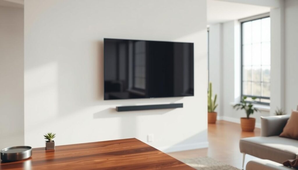 A modern Samsung TV tuned to a wall-mounted configuration, showcasing its sleek design and minimalist aesthetics. The TV should be positioned in a cozy, well-lit living room, emphasizing its harmonious integration with the surrounding environment. In the foreground, feature a stylish, polished wooden shelf with a few decorative items, such as a small plant or a framed picture. The middle section highlights the wall with smooth paint, perhaps in a neutral tone, ensuring the TV stands out. In the background, large windows allow natural light to filter in, creating a warm and inviting atmosphere. Capture the image from an angle that emphasizes both the TV and the comfortable seating area, illustrating the perfect viewing setup without any people present. The overall mood should feel modern and homey. A modern Samsung TV tuned to a wall-mounted configuration, showcasing its sleek design and minimalist aesthetics. The TV should be positioned in a cozy, well-lit living room, emphasizing its harmonious integration with the surrounding environment. In the foreground, feature a stylish, polished wooden shelf with a few decorative items, such as a small plant or a framed picture. The middle section highlights the wall with smooth paint, perhaps in a neutral tone, ensuring the TV stands out. In the background, large windows allow natural light to filter in, creating a warm and inviting atmosphere. Capture the image from an angle that emphasizes both the TV and the comfortable seating area, illustrating the perfect viewing setup without any people present. The overall mood should feel modern and homey.