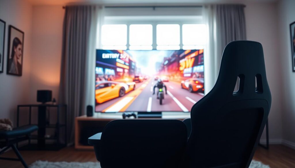 A modern gaming setup featuring a sleek OLED screen, viewed from a normal sitting distance in a well-lit room. The foreground includes a stylish gaming chair with a minimalistic design, positioned directly in front of the screen. In the middle, the vibrant OLED display showcases a vivid and dynamic gaming scene, with rich colors and sharp contrast. The background features soft, ambient lighting that creates a cozy atmosphere, with bright natural light streaming through a large window, illuminating the room. The overall mood is energetic yet inviting, emphasizing the immersive gaming experience provided by top technology. The image captures the essence of gaming in a contemporary setting. A modern gaming setup featuring a sleek OLED screen, viewed from a normal sitting distance in a well-lit room. The foreground includes a stylish gaming chair with a minimalistic design, positioned directly in front of the screen. In the middle, the vibrant OLED display showcases a vivid and dynamic gaming scene, with rich colors and sharp contrast. The background features soft, ambient lighting that creates a cozy atmosphere, with bright natural light streaming through a large window, illuminating the room. The overall mood is energetic yet inviting, emphasizing the immersive gaming experience provided by top technology. The image captures the essence of gaming in a contemporary setting.
