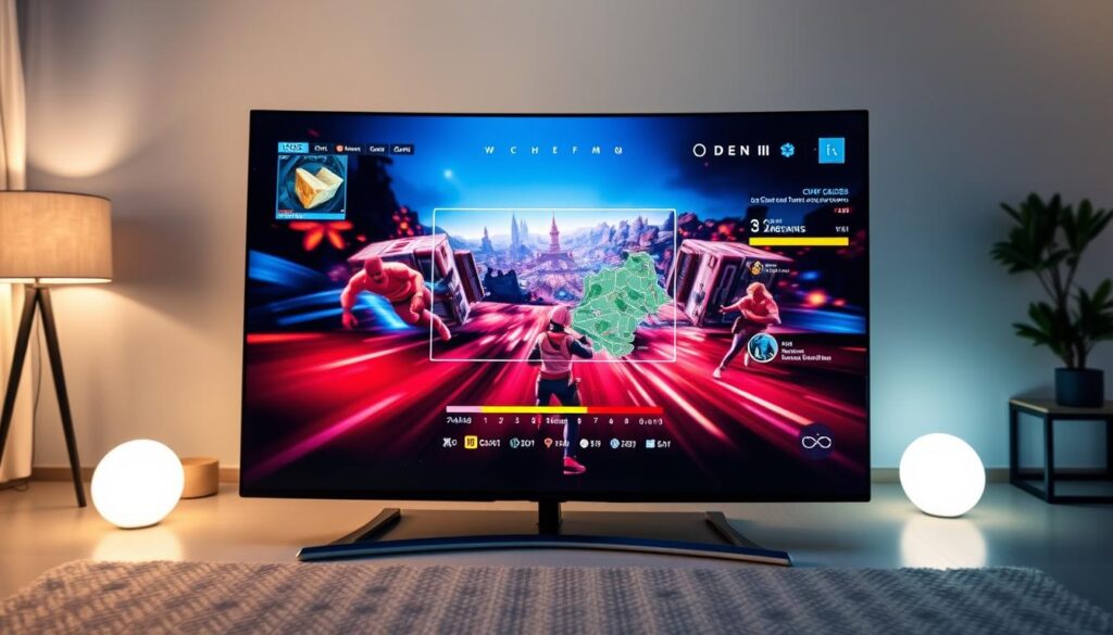 A sleek OLED screen displaying a gaming interface with fixed static elements, showcasing vibrant colors and high contrast typical of QD-OLED technology. The foreground features dynamic graphical elements like player stats, health bars, and a mini-map organized neatly. In the middle layer, the gaming interface is framed by an immaculate, minimalist surround, enhancing the immersive experience. The background consists of a subtle, blurred living room environment, emphasizing the television's sleek design. Soft, ambient lighting creates a cozy atmosphere, reflecting off the glossy screen, while the angle is slightly tilted, capturing the essence of a modern gaming setup. The mood conveys excitement and advanced technology, inviting viewers into a digital world of gaming. A sleek OLED screen displaying a gaming interface with fixed static elements, showcasing vibrant colors and high contrast typical of QD-OLED technology. The foreground features dynamic graphical elements like player stats, health bars, and a mini-map organized neatly. In the middle layer, the gaming interface is framed by an immaculate, minimalist surround, enhancing the immersive experience. The background consists of a subtle, blurred living room environment, emphasizing the television's sleek design. Soft, ambient lighting creates a cozy atmosphere, reflecting off the glossy screen, while the angle is slightly tilted, capturing the essence of a modern gaming setup. The mood conveys excitement and advanced technology, inviting viewers into a digital world of gaming.