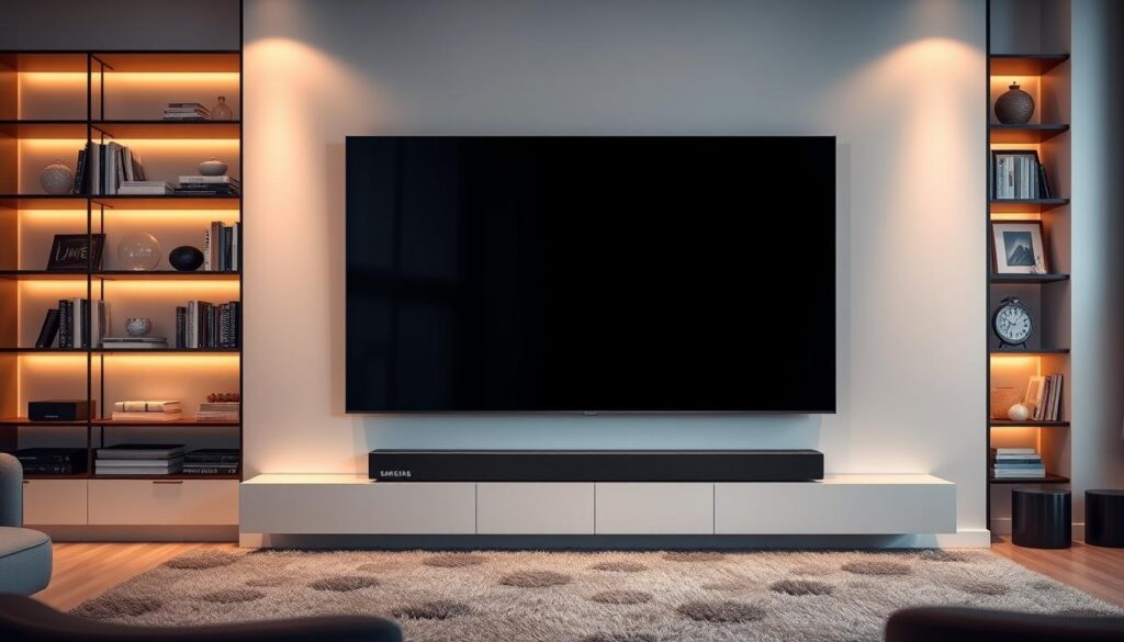 A sleek Samsung QLED TV and a matching soundbar displayed in an elegant living room setting. The TV is mounted on a minimalist wall, showcasing the intricate details of the QLED technology, while the soundbar rests seamlessly underneath it. Both devices feature clearly visible model codes on their labels, ensuring they are the focus of the image. Soft, warm ambient lighting casts gentle highlights on the surfaces, enhancing the modern aesthetic. In the background, a stylish bookshelf filled with curated decor adds depth, while a plush area rug anchors the scene. The mood is inviting and sophisticated, suggesting an immersive home theater experience without any people present.