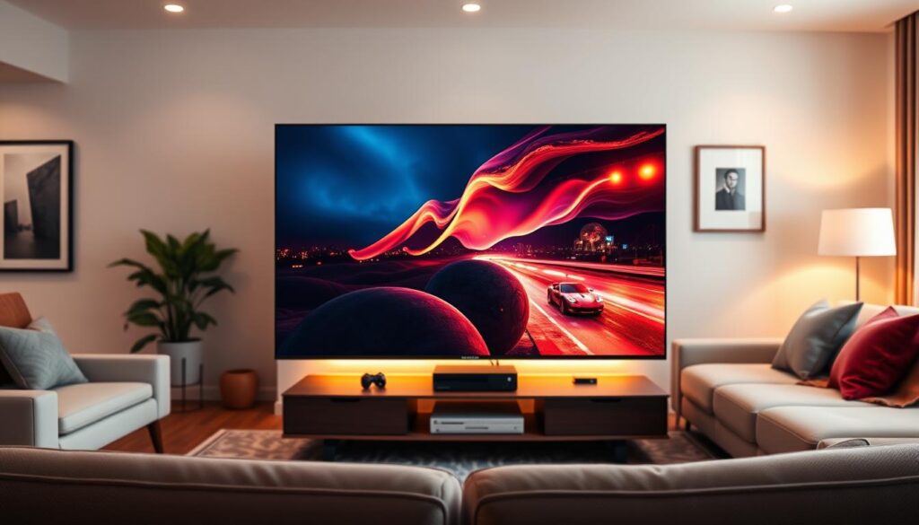 A sleek Samsung S95F QD-OLED TV with a matte screen, presented in an elegantly furnished modern living room. The foreground features the TV as the focal point, showcasing its thin design and stunning screen quality displaying vibrant colors from a cinematic scene. In the middle ground, a stylish media console holds a gaming console and neatly arranged accessories. The background reveals a cozy ambiance with soft lighting, accentuated by warm tones that create a welcoming atmosphere. The room has contemporary decor, including minimalist artwork on the walls and a plush sofa, emphasizing the TV's role in enhancing movie and gaming experiences. The overall mood is inviting and sophisticated, perfect for entertainment. A sleek Samsung S95F QD-OLED TV with a matte screen, presented in an elegantly furnished modern living room. The foreground features the TV as the focal point, showcasing its thin design and stunning screen quality displaying vibrant colors from a cinematic scene. In the middle ground, a stylish media console holds a gaming console and neatly arranged accessories. The background reveals a cozy ambiance with soft lighting, accentuated by warm tones that create a welcoming atmosphere. The room has contemporary decor, including minimalist artwork on the walls and a plush sofa, emphasizing the TV's role in enhancing movie and gaming experiences. The overall mood is inviting and sophisticated, perfect for entertainment.