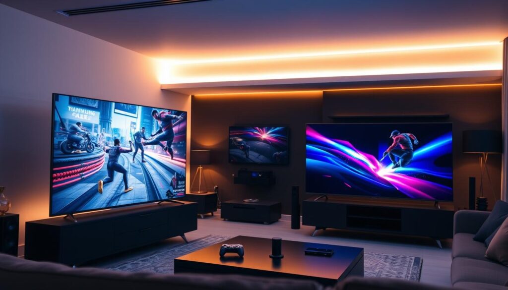 A sleek, modern living room featuring a side-by-side display of Samsung and LG OLED TVs designed for gaming and consoles. In the foreground, the televisions are vibrant and illuminated, showcasing high-quality graphics from a popular game. The middle ground includes a stylish gaming console with accessories, while ambient LED lighting casts a warm glow throughout the room. The background reveals a cozy, inviting atmosphere with minimalist furniture and dark accent walls, creating a professional gaming space. The angle is slightly elevated, capturing the detail of the TVs and their settings. The overall mood is dynamic and futuristic, emphasizing the advanced technology of the OLED screens and their immersive gaming capabilities, evoking excitement and innovation. A sleek, modern living room featuring a side-by-side display of Samsung and LG OLED TVs designed for gaming and consoles. In the foreground, the televisions are vibrant and illuminated, showcasing high-quality graphics from a popular game. The middle ground includes a stylish gaming console with accessories, while ambient LED lighting casts a warm glow throughout the room. The background reveals a cozy, inviting atmosphere with minimalist furniture and dark accent walls, creating a professional gaming space. The angle is slightly elevated, capturing the detail of the TVs and their settings. The overall mood is dynamic and futuristic, emphasizing the advanced technology of the OLED screens and their immersive gaming capabilities, evoking excitement and innovation.