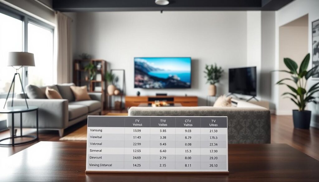 A well-designed interior space featuring a modern living room setup that includes a stylish sofa and a large Samsung television on a sleek media console. In the foreground, a table is prominently displayed, showing a clear and informative comparison chart of optimal viewing distances for different TV sizes. The table should be detailed with measurements, making it easy to read. The background should include tastefully arranged decor items like a bookshelf and indoor plants, creating a cozy and inviting atmosphere. The lighting should be bright and natural, coming from a window, emphasizing the modern and comfortable vibe of the room. Utilize a wide-angle lens to capture the entire scene with depth. The overall mood should be informative and engaging, perfect for illustrating the importance of viewing distance. A well-designed interior space featuring a modern living room setup that includes a stylish sofa and a large Samsung television on a sleek media console. In the foreground, a table is prominently displayed, showing a clear and informative comparison chart of optimal viewing distances for different TV sizes. The table should be detailed with measurements, making it easy to read. The background should include tastefully arranged decor items like a bookshelf and indoor plants, creating a cozy and inviting atmosphere. The lighting should be bright and natural, coming from a window, emphasizing the modern and comfortable vibe of the room. Utilize a wide-angle lens to capture the entire scene with depth. The overall mood should be informative and engaging, perfect for illustrating the importance of viewing distance.
